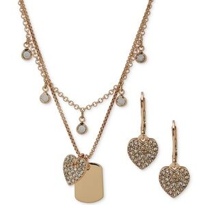 Anne Klein Gold-Tone Crystal Heart Charm Drop Earrings & Two-Row Necklace Set